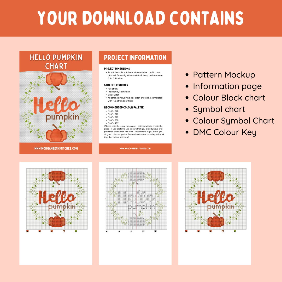 Hello Pumpkin - PDF Instant Download Cross Stitch Pattern